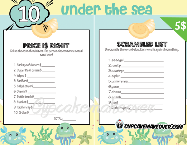 blue printable sea turtle crab octopus themed baby shower games