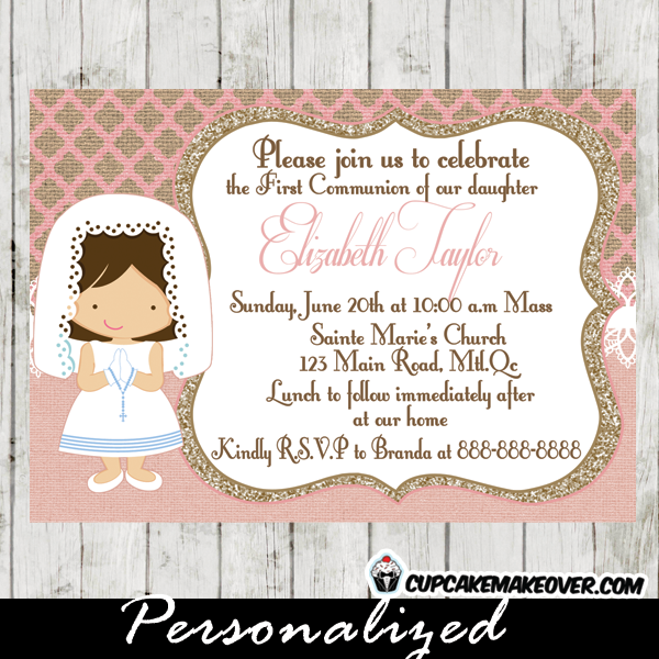 First Communion invitations for girls silver burlap online
