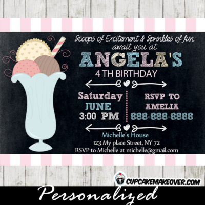 chalkboard ice cream birthday invitations girls sundae social party pink white stripes
