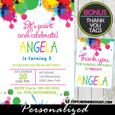 printable Splatter Paint Birthday Party Invitations personalized