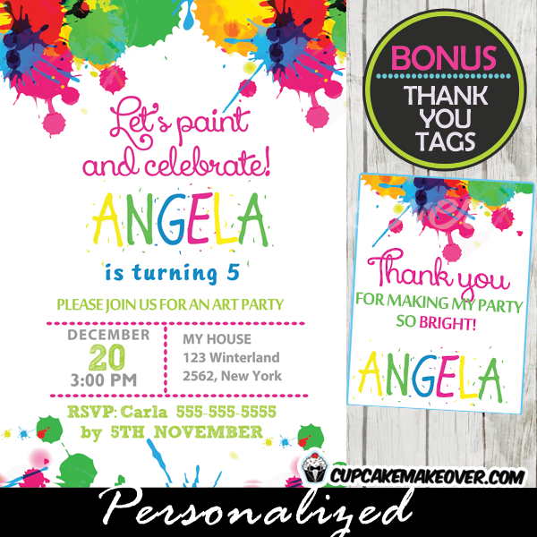 Paint Splatter Art Party Invitation Personalized D6 Cupcakemakeover