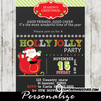 printable santa on a sleigh holly jolly holiday invitation card