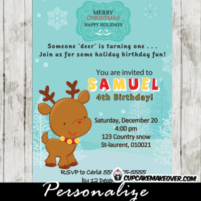 printable holiday reindeer birthday party invitation card
