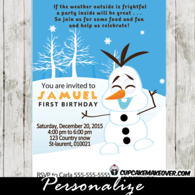 printable snowman olaf first birthday party invitation