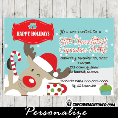 printable christmas reindeer hot chocolate cupcakes invitations