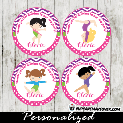 personalized puprle chevron pink gymnastics party cupake toppers printable