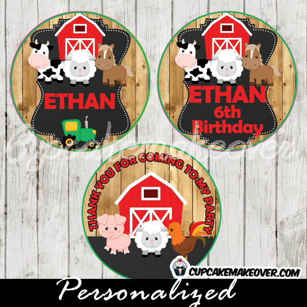 Farm Animals Cupcake Toppers, Personalized Favor Tags – D1