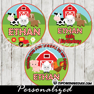 Farm Animals Cupcake Toppers, Red Tractor & Barn Personalized Tags - D3 ...