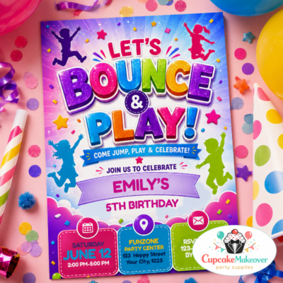 bounce house invitation, lets bounce and play, kids birthday invitation, trampoline party invite, inflatable birthday party, colorful birthday invite, indoor playground invitation, jump party invitation, printable birthday invitation, digital birthday invite, rainbow birthday party, bounce castle invite, kids party template, birthday celebration invite, editable invitation, fun birthday design, party center invitation, playful birthday invite, birthday party printable, kids bounce party