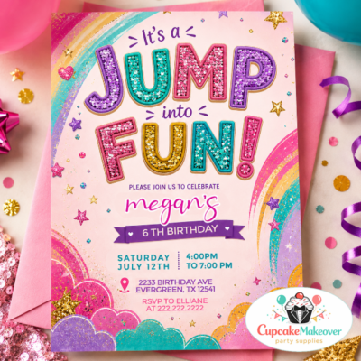 jump into fun invitation, bounce house invitation, rainbow birthday invite, girls birthday invitation, trampoline party invite, inflatable birthday party, pastel birthday invitation, colorful birthday card, glitter birthday invite, printable invitation, digital birthday invite, kids birthday template, fun party invitation, indoor playground birthday, bounce party theme, editable birthday invite, rainbow party decor, birthday celebration invite, pastel rainbow party, kids birthday printable