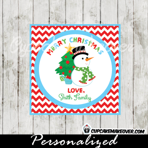 merry Christmas labels red chevron snowman personalized