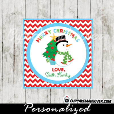 merry Christmas labels red chevron snowman personalized