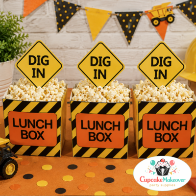construction treat boxes, construction snack boxes, under construction birthday, construction party favors, construction popcorn boxes, construction birthday decorations, dump truck birthday party, construction party printables, construction dessert table, lunch box favors, construction theme birthday, caution stripe party decor, builder birthday party, kids construction party, construction food containers