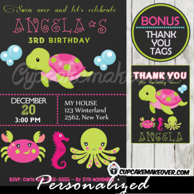 pink green under the sea creatures party invitation girls printable