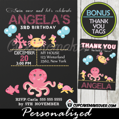 under the sea creatures birthday party invitations printable girl