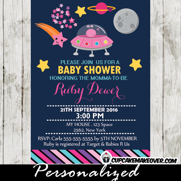 outer space baby shower invitations girls pink stars planets