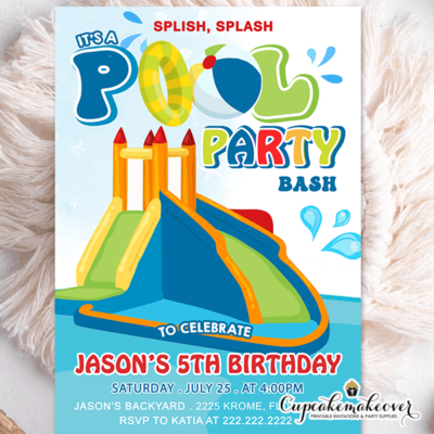 Water Slide Birthday Party Invitation Blue boys summer theme