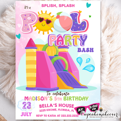Water Slide Birthday Party Invitation Pink girls