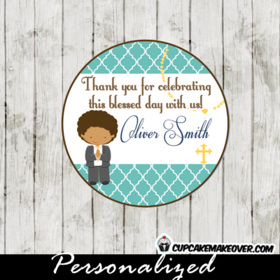 Moroccan blue patterned first holy communion favor tags for boys