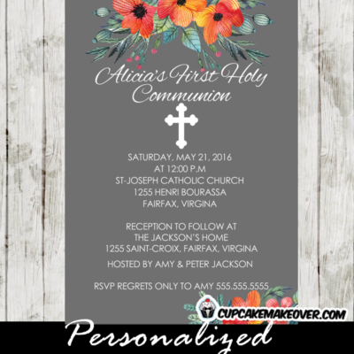 orange blossom floral first holy communion invitations for girls