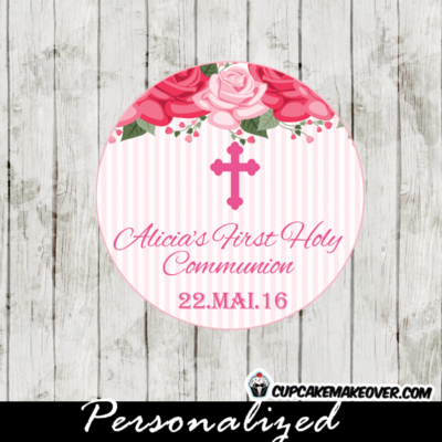 girl pink roses blossom first holy communion favor tags