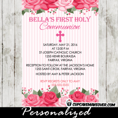 pink roses floral blossom first communion invitations for girls