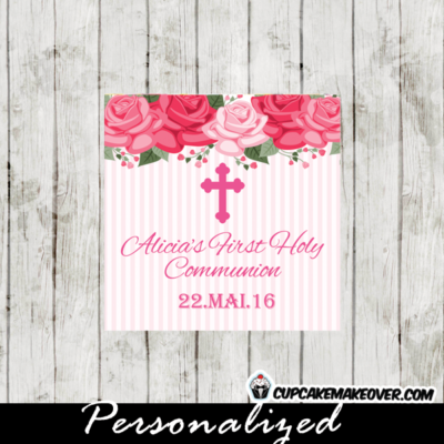 girl pink roses floral first holy communion gift labels
