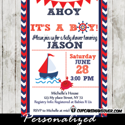 red navy blue nautical sailboat baby shower invitation printable