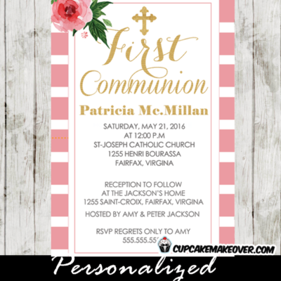 pink rose stripes gold first communion invitations for girls
