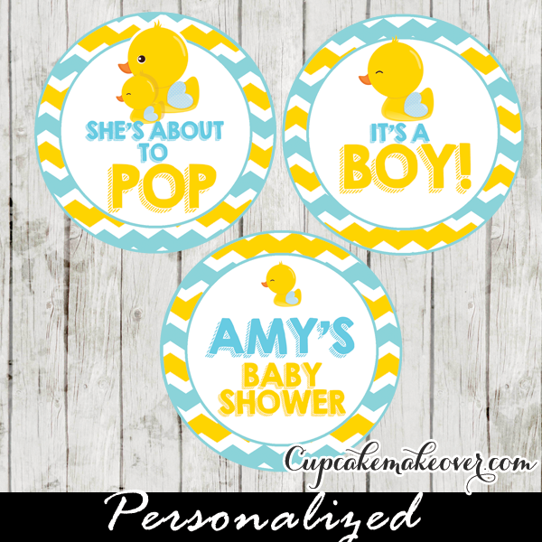 yellow and blue rubber duck cake or cupcake toppers personalized tags