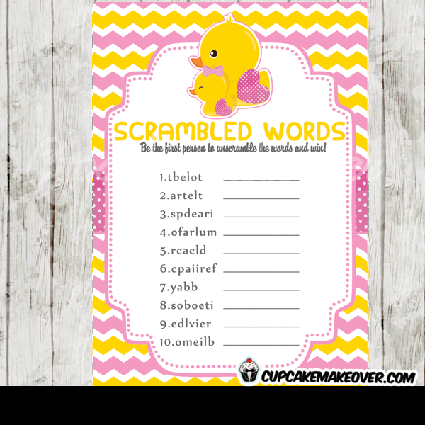 24 Personalized Word Scramble Baby Shower Game Cards Pink Rubber Ducky 