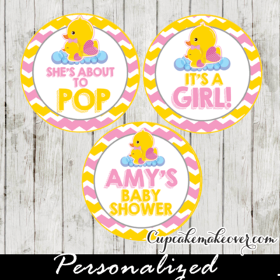 yellow pink rubber duck baby shower favor tags toppers for girls