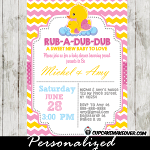yellow pink chevron rubber duck baby shower invitation for girl