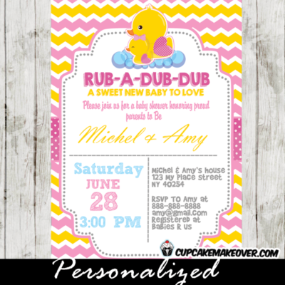 yellow pink chevron rubber duck baby shower invitation for girl