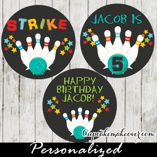 blue ball personalized bowling cupcake toppers favor tags for boys