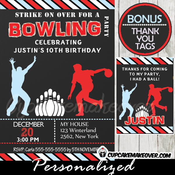 Bowling Party Invitation for Boys, Personalized - D1 - Cupcakemakeover