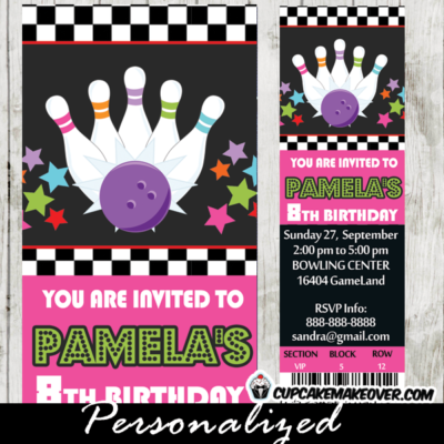 pink printable bowling party invitation tickets girls