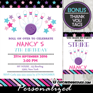 pink purple stars bowling birthday bash invitation girls