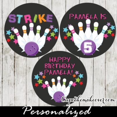 purple ball personalized bowling cupcake toppers party favor tags for girls