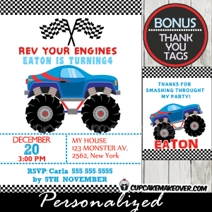 cool blue monster truck birthday party invitation for boys