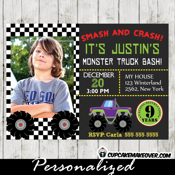 personalized monster truck photo invitation