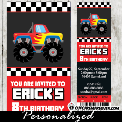 printable monster truck party ticket invitations