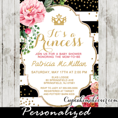 shabby chic gold confetti black white stripes princess crown baby shower invitations