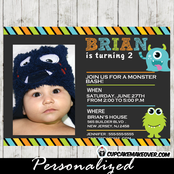 printable first birthday little monsters photo invitation