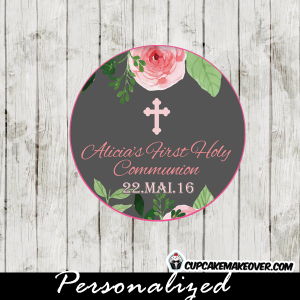 personalized pink roses watercolor first holy communion favor tags