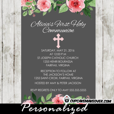 pink roses blossom floral first communion invitation for girls