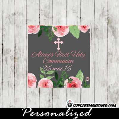 personalized pink roses watercolor first holy communion labels