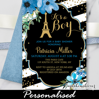 blue floral gold confetti paris baby shower invitation