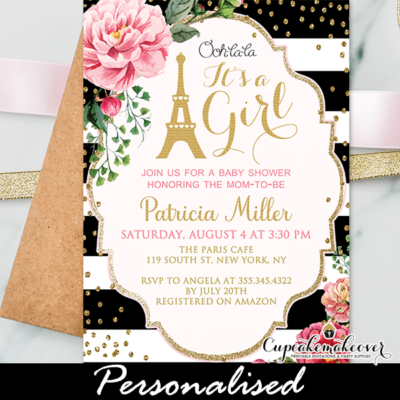 pink floral gold confetti paris baby shower invitations