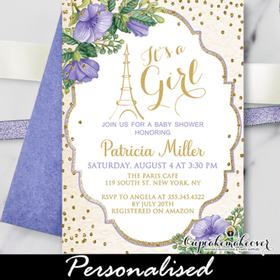 chic gold glitter purple floral paris baby shower invitation